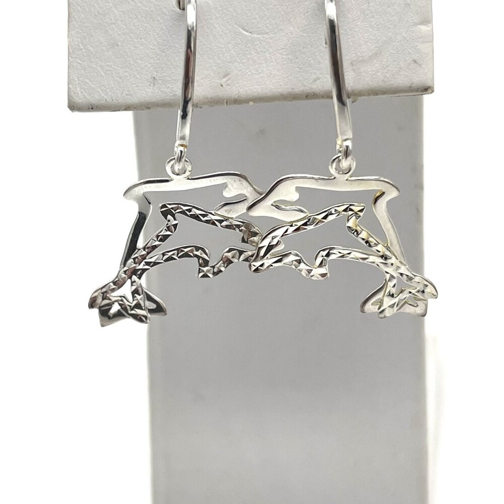 Sterling Silver Double Dolphin Earrings - 1  1/2 long